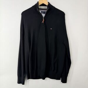 Tommy Hilfiger Quarter Zip Sweater Mens L Black Cotton Pullover Logo